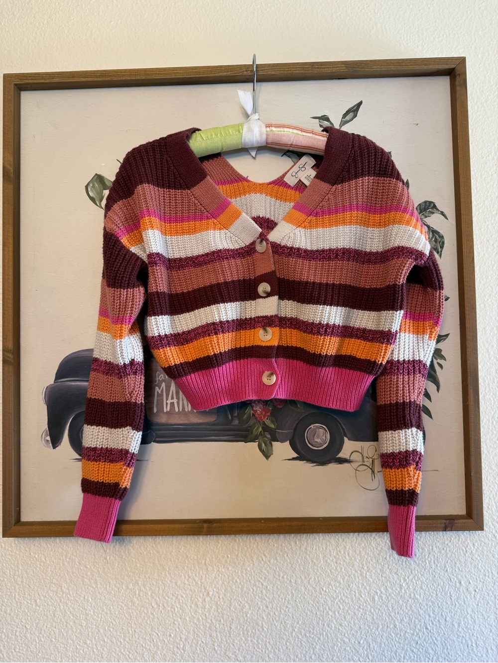 Y2K Jessica Simpson Multi-Stripe Cropped V-Neck Cardigan - Pink & Burgundy - Picture 2 of 7